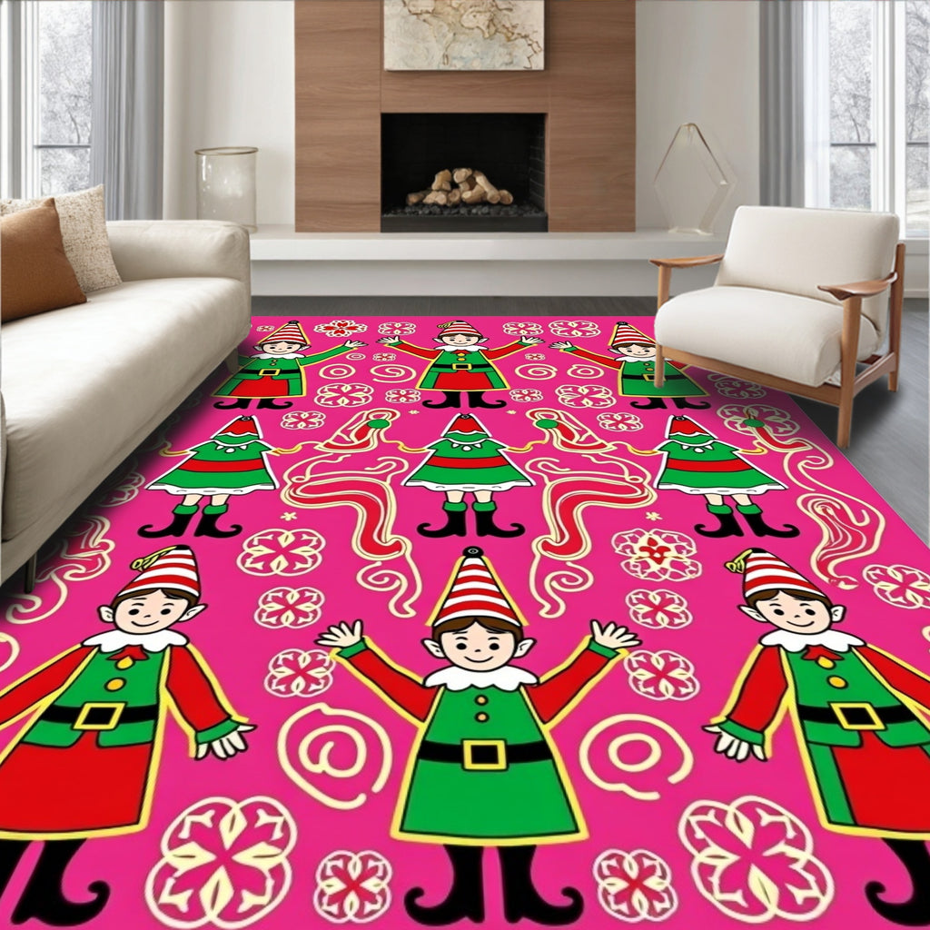 Pink Elf Holiday Festive Whimsical Characters Rug