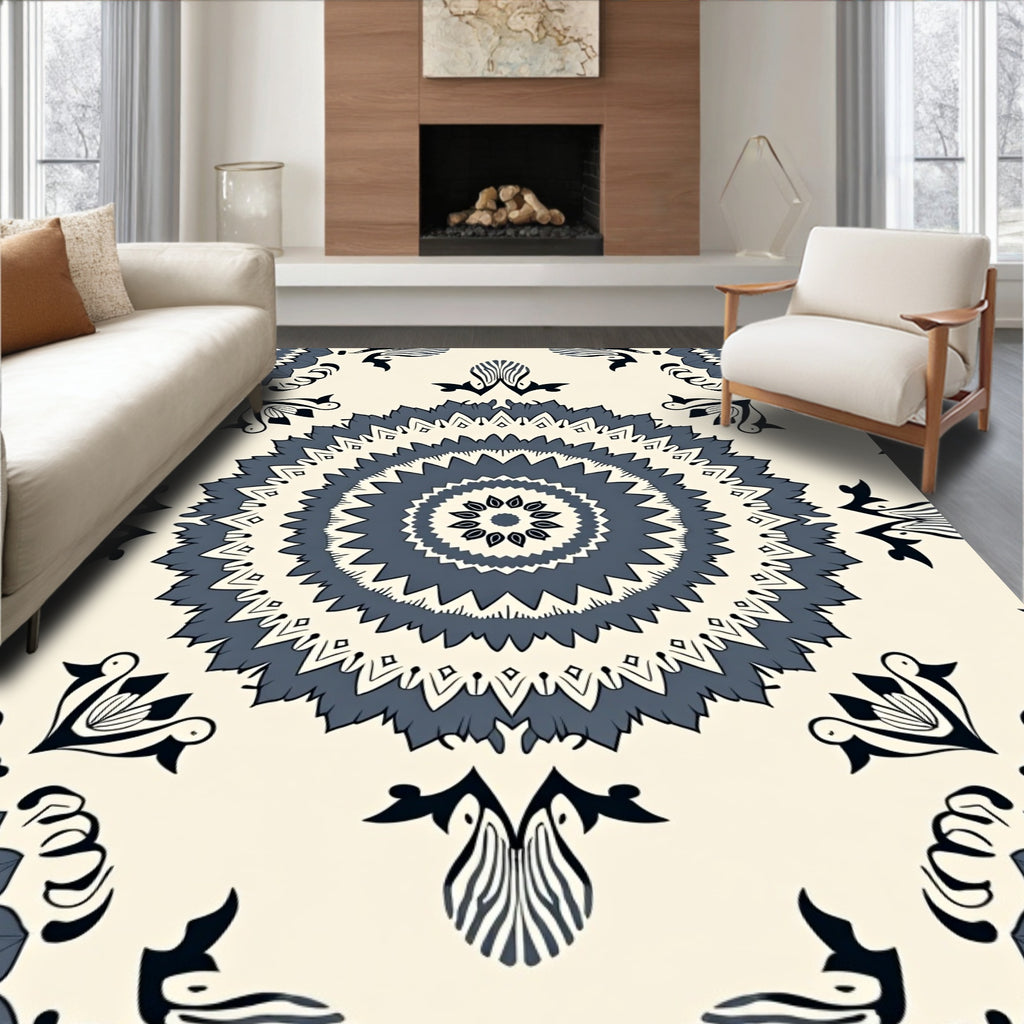 Dark Blue Floral Mandala Pattern Rug