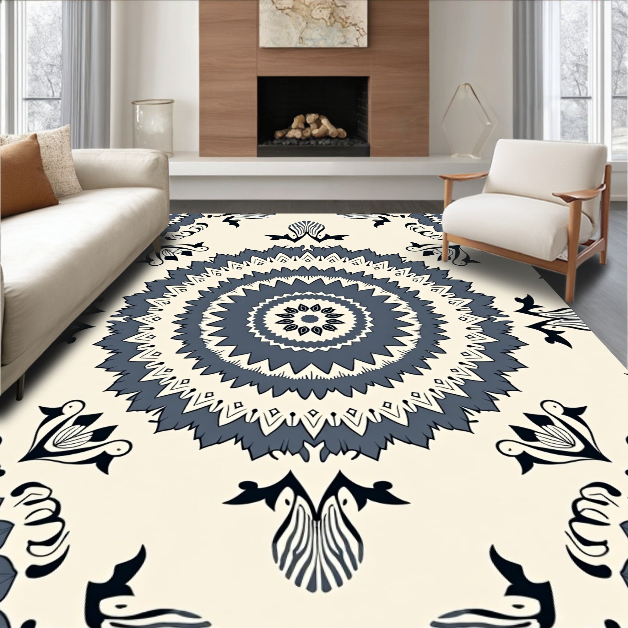 Dark Blue Floral Mandala Pattern Rug