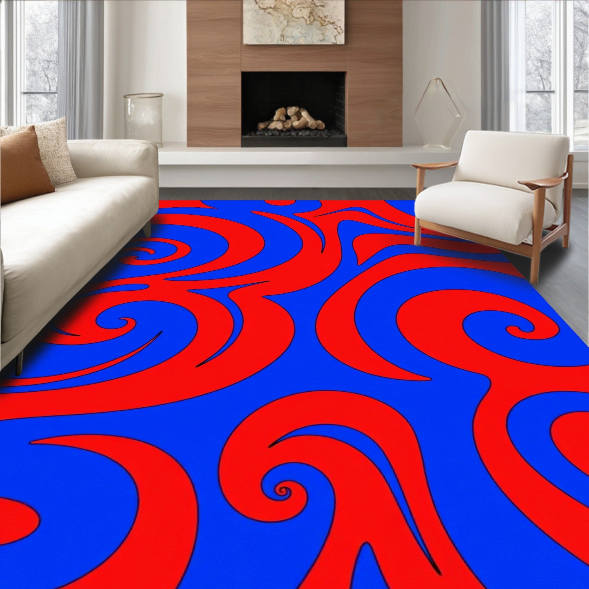 Bold Red Blue Swirl Pattern Rug
