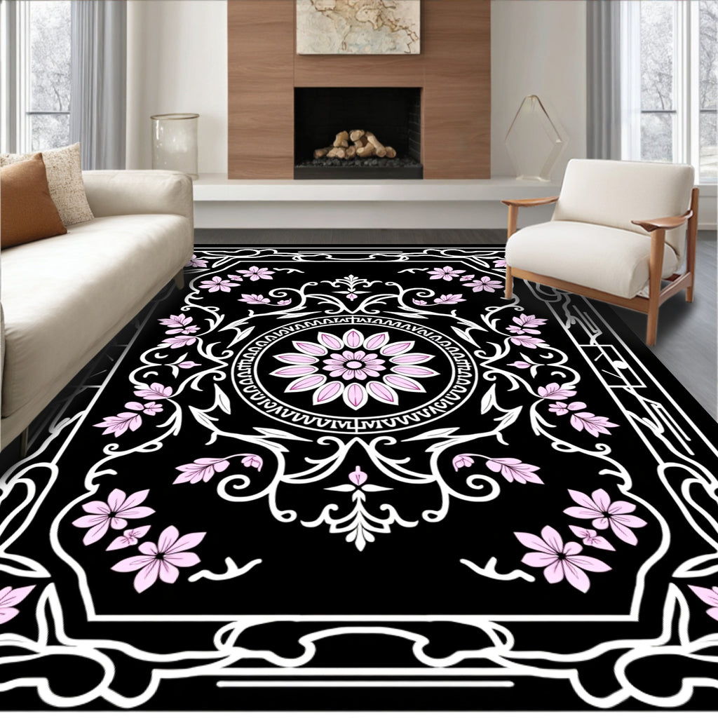 Ornate Floral Symmetry Black White Rug