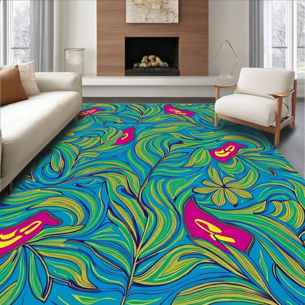 Vibrant Aqua Floral Leaf Pattern Rug