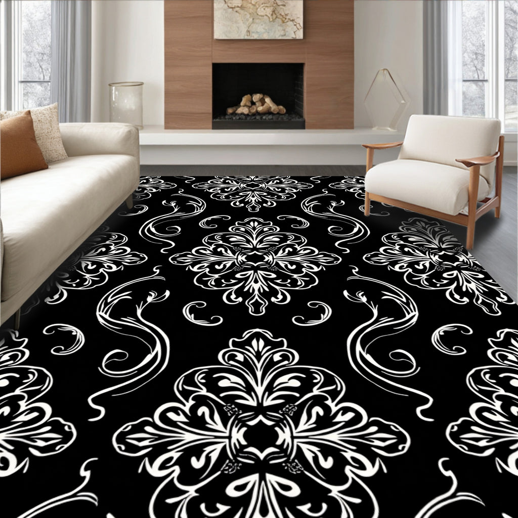 Elegant Black White Damask Floral Design Rug