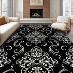 Elegant Black White Damask Floral Design Rug