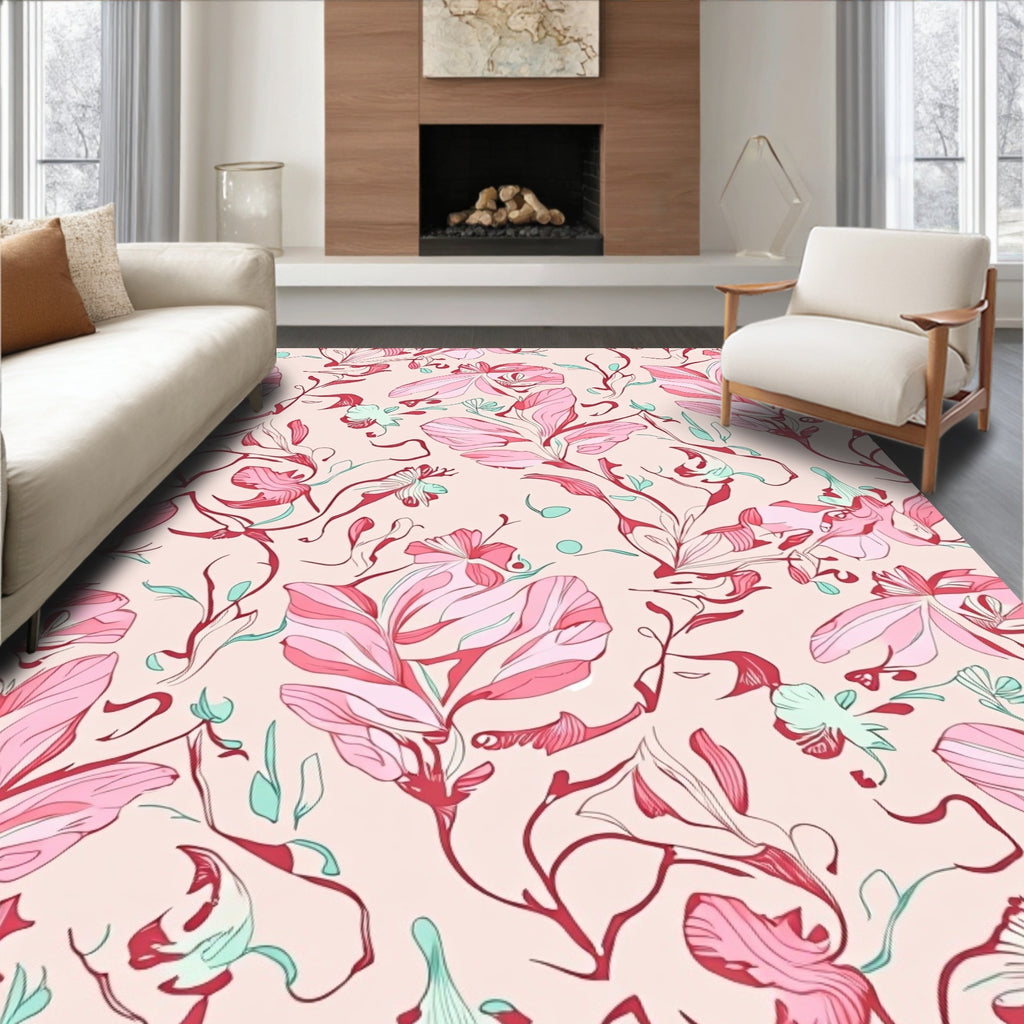 Soft Pink Floral Vine Pattern Rug
