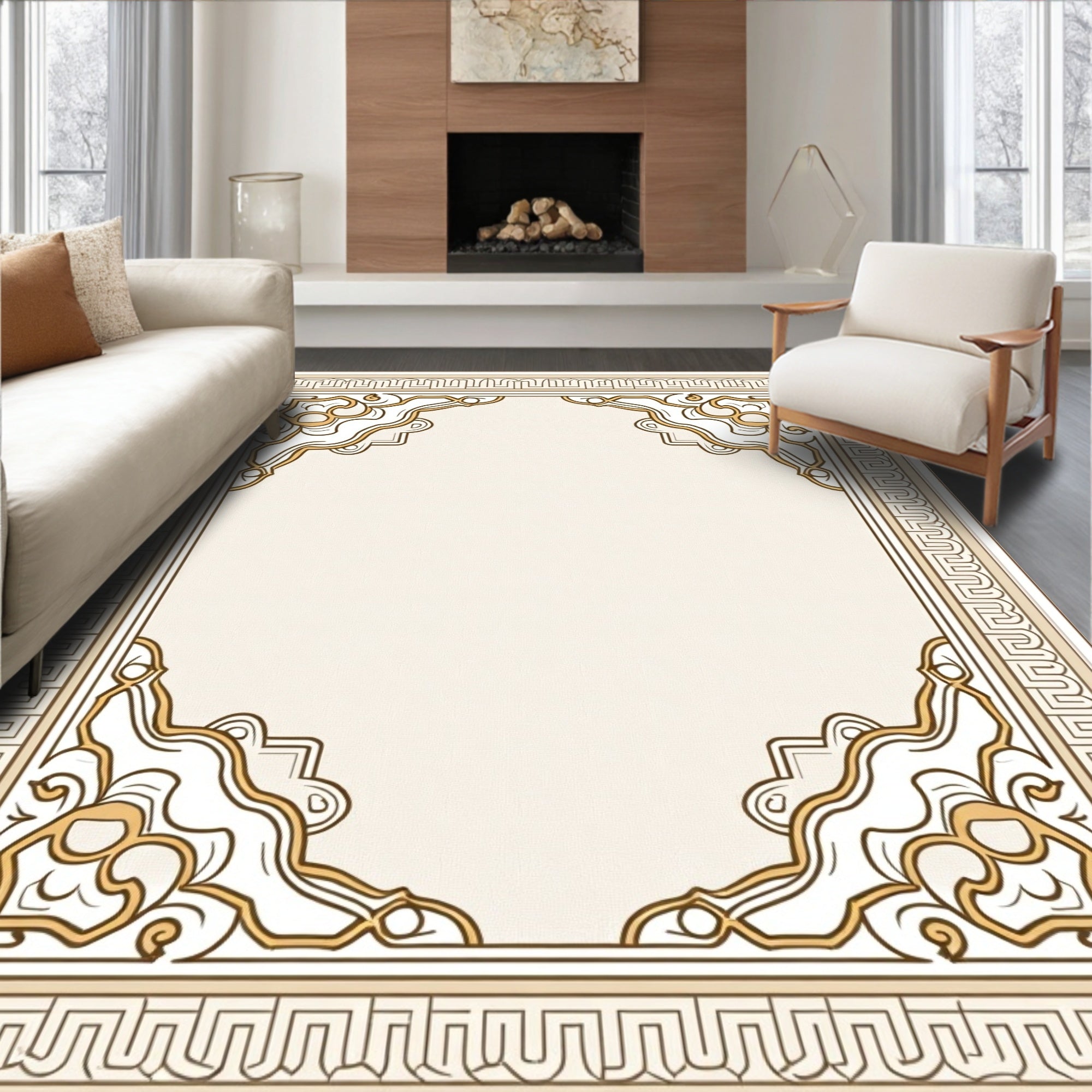Elegant Gold Cream Scrollwork Border Rug