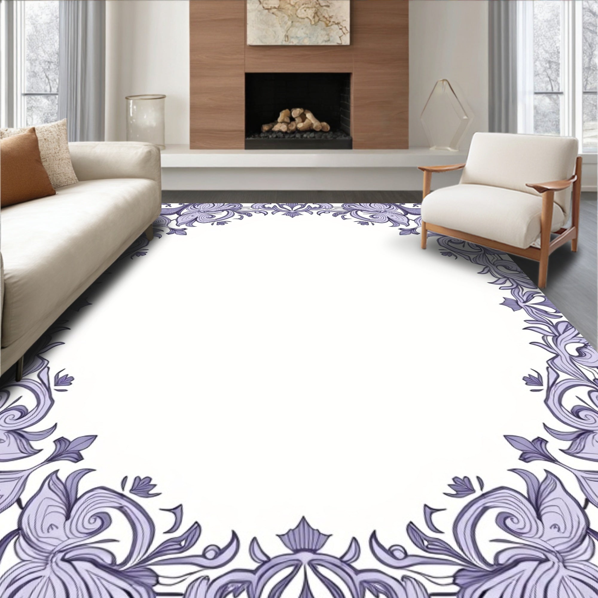 Ornate Violet Floral Scrollwork Pattern Rug