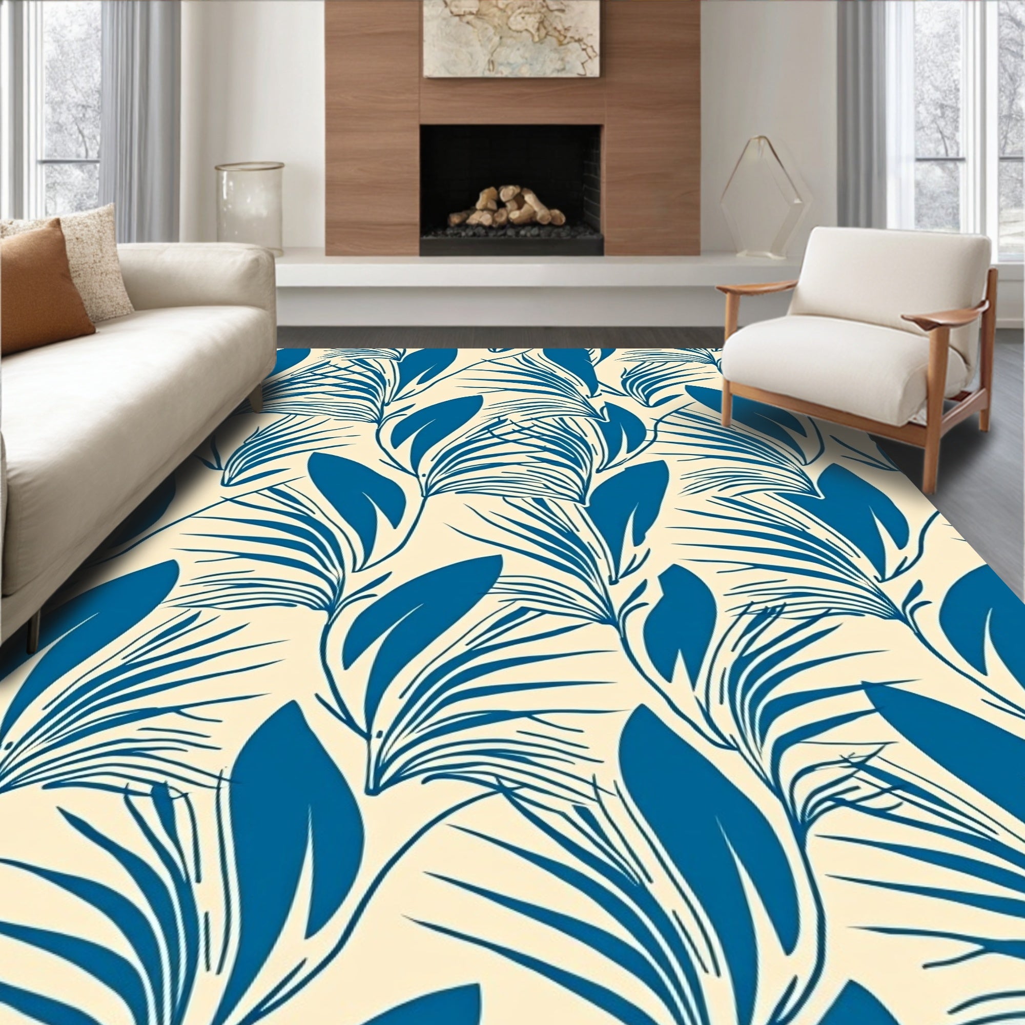 Blue Tropical Leaf Pattern Design Rug