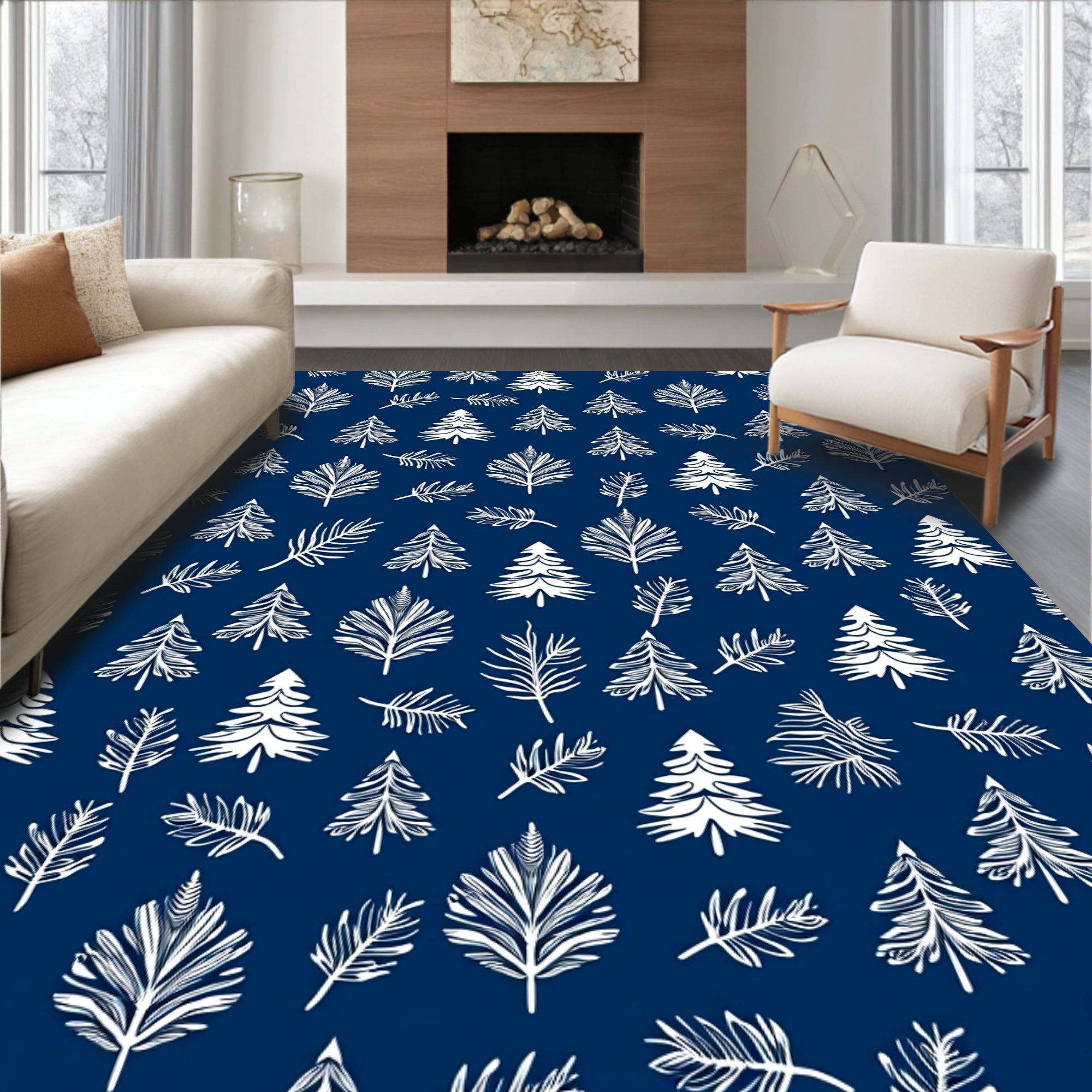 White Pine Forest Dark Blue Background Rug