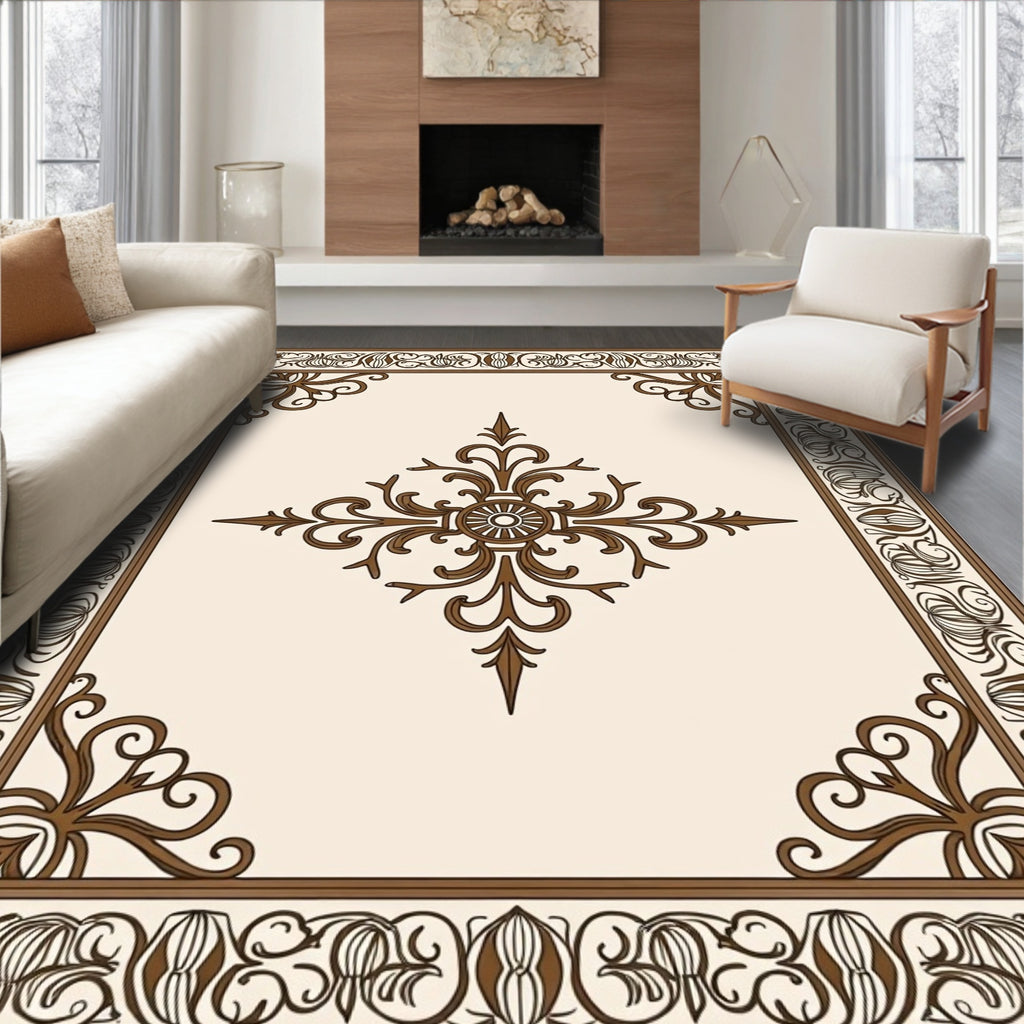 Ornate Scrollwork Brown Cream Pattern Rug