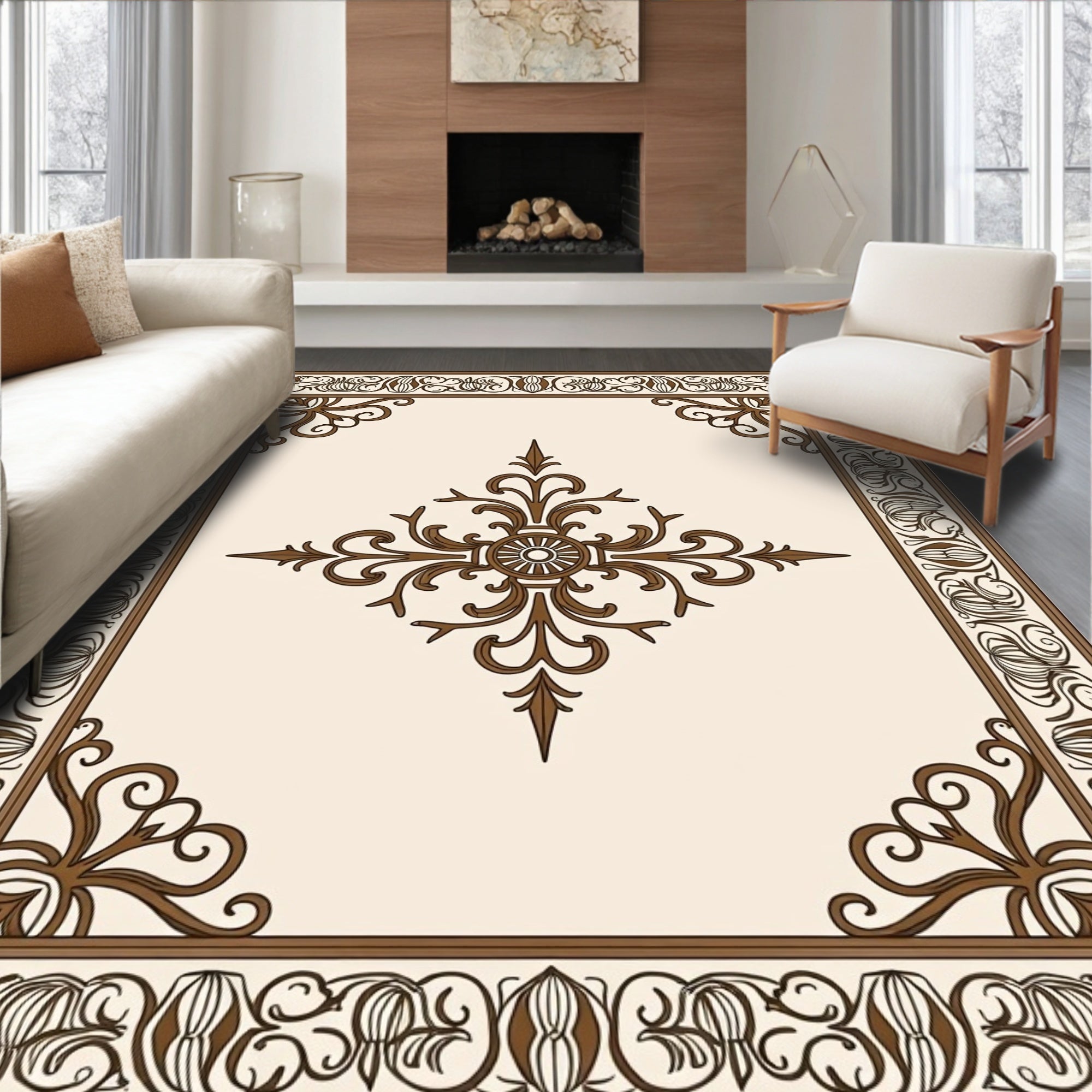 Ornate Scrollwork Brown Cream Pattern Rug