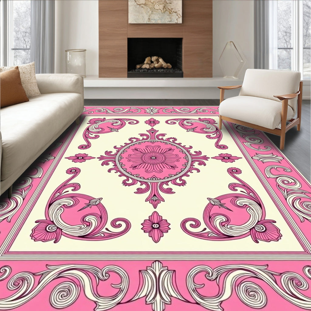 Ornate Pink and Cream Scroll Medallion Rug