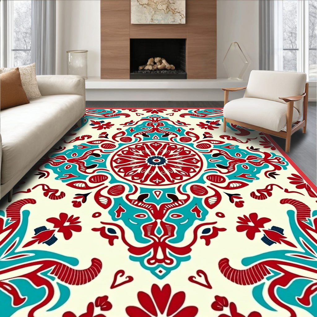 Red Teal Geometric Mandala Pattern Rug