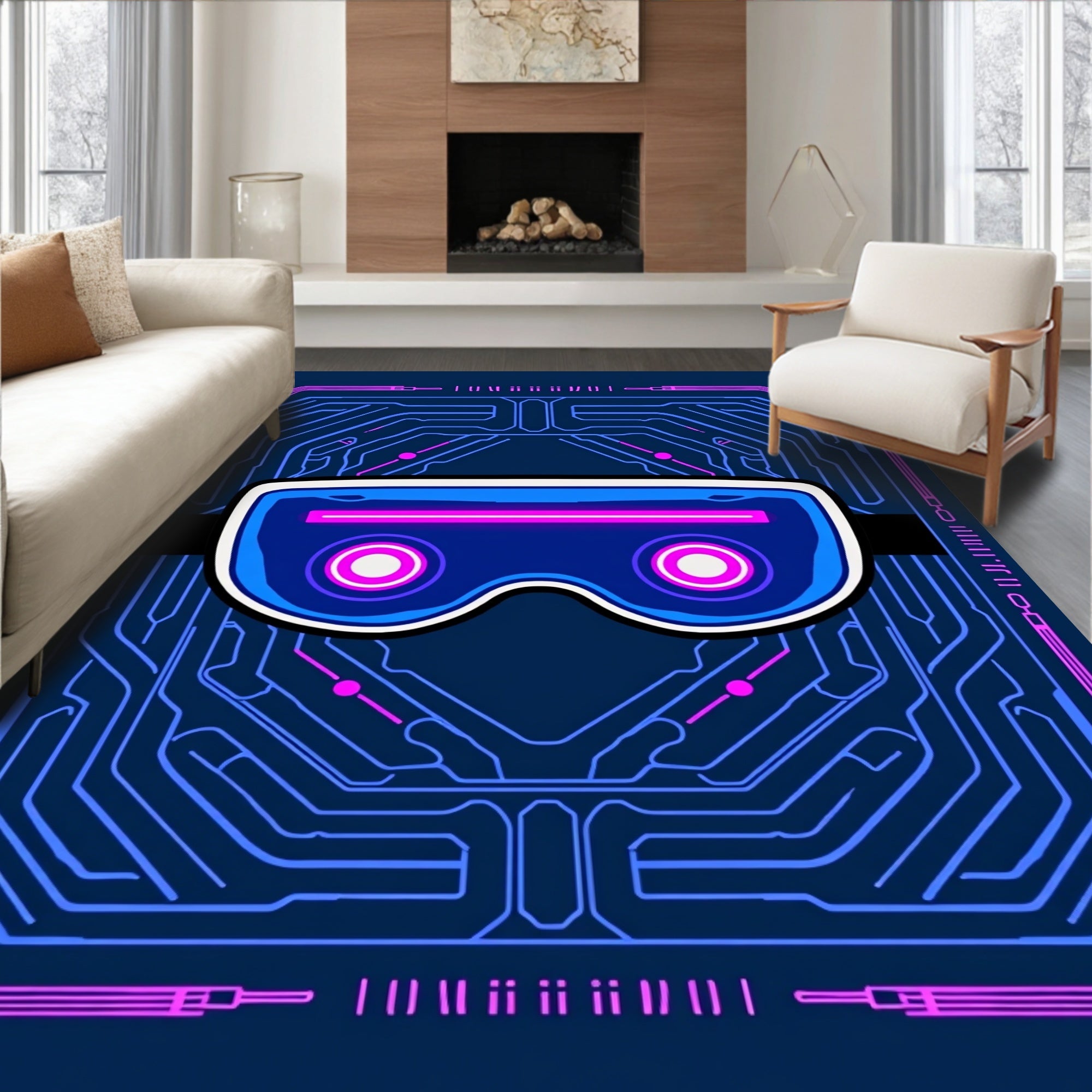 Futuristic VR Goggles Circuit Board Design Rug