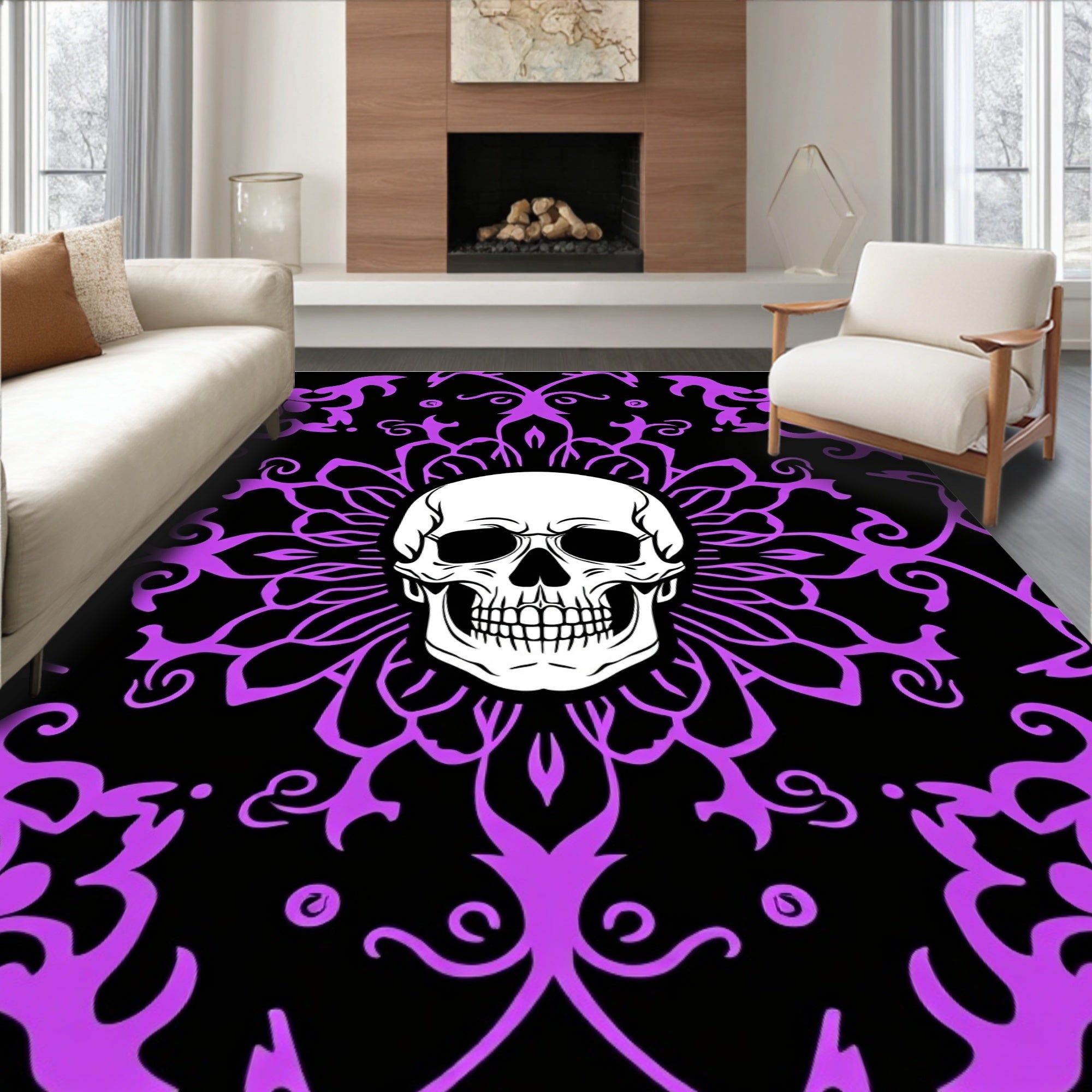 Purple Floral Skull Mandala Rug