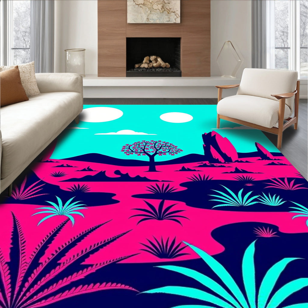 Bold Pink Blue Desert Landscape Rug