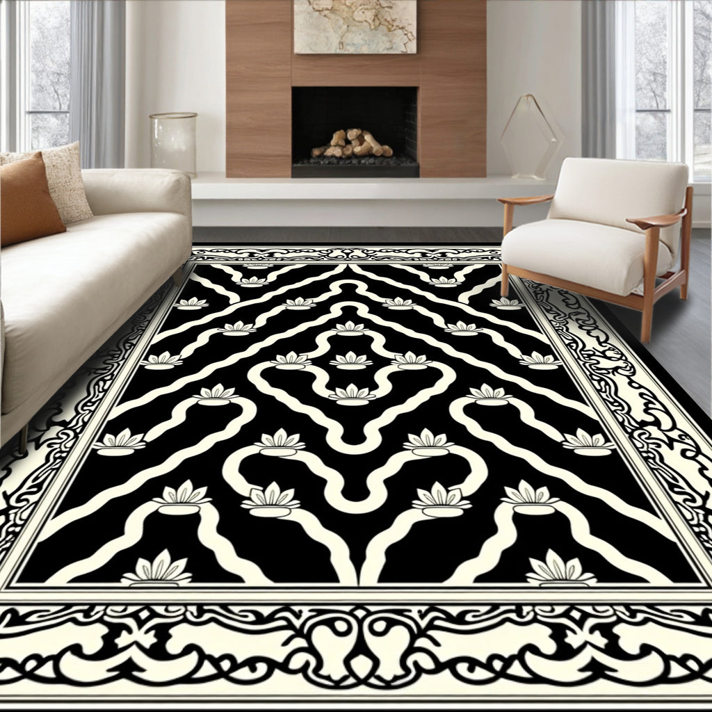 Ornate Black Cream Floral Pattern Rug