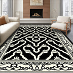Ornate Black Cream Floral Pattern Rug