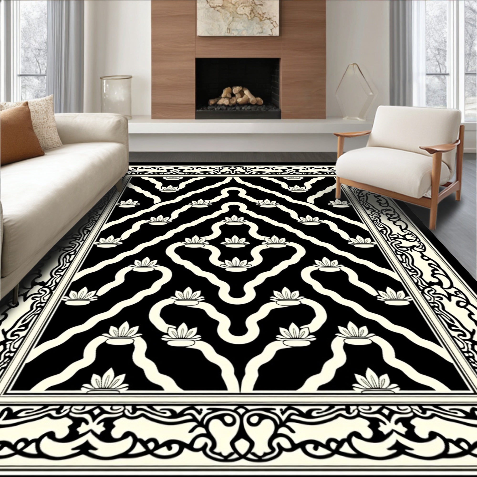 Ornate Black Cream Floral Pattern Rug