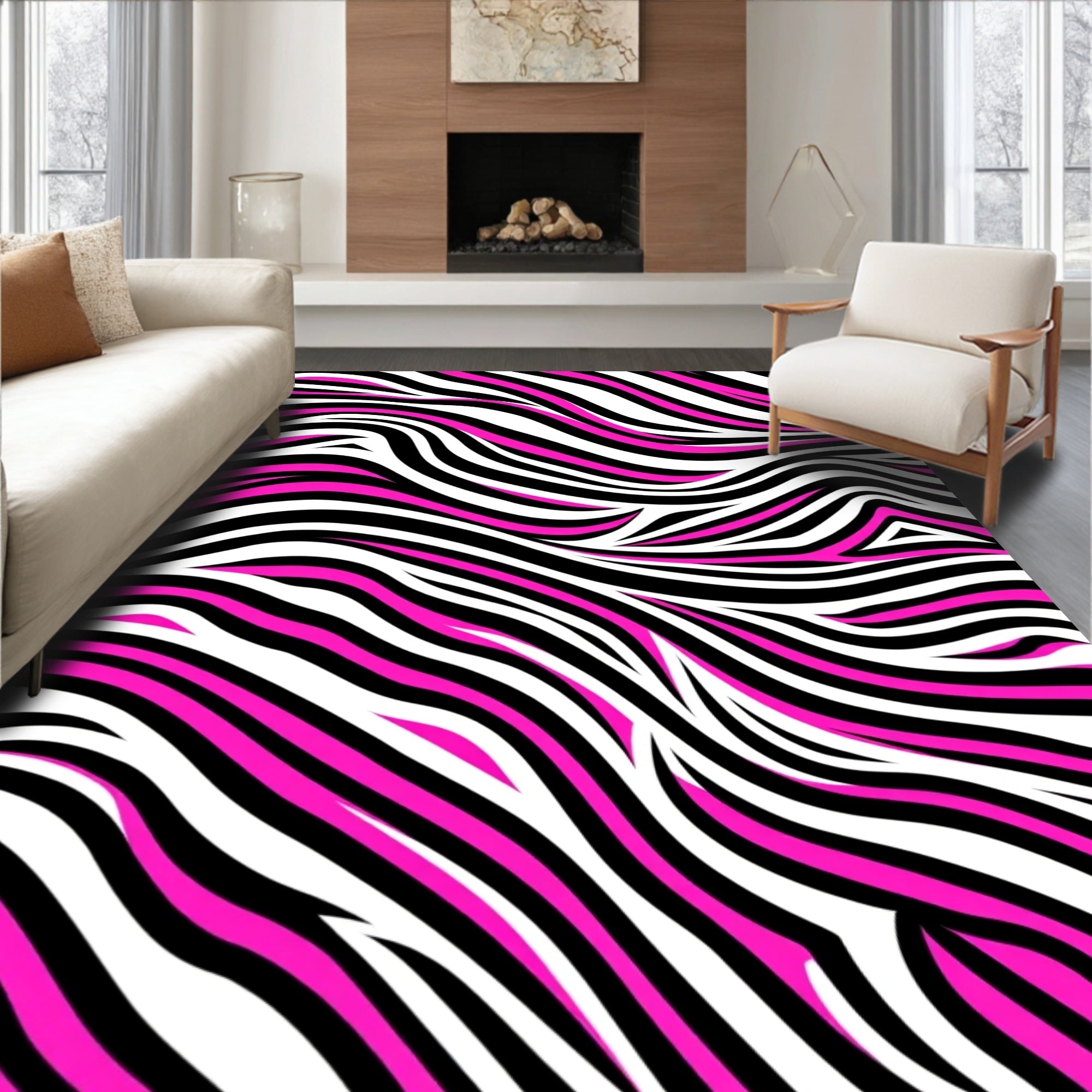 Bold Pink Black White Zebra Stripes Rug