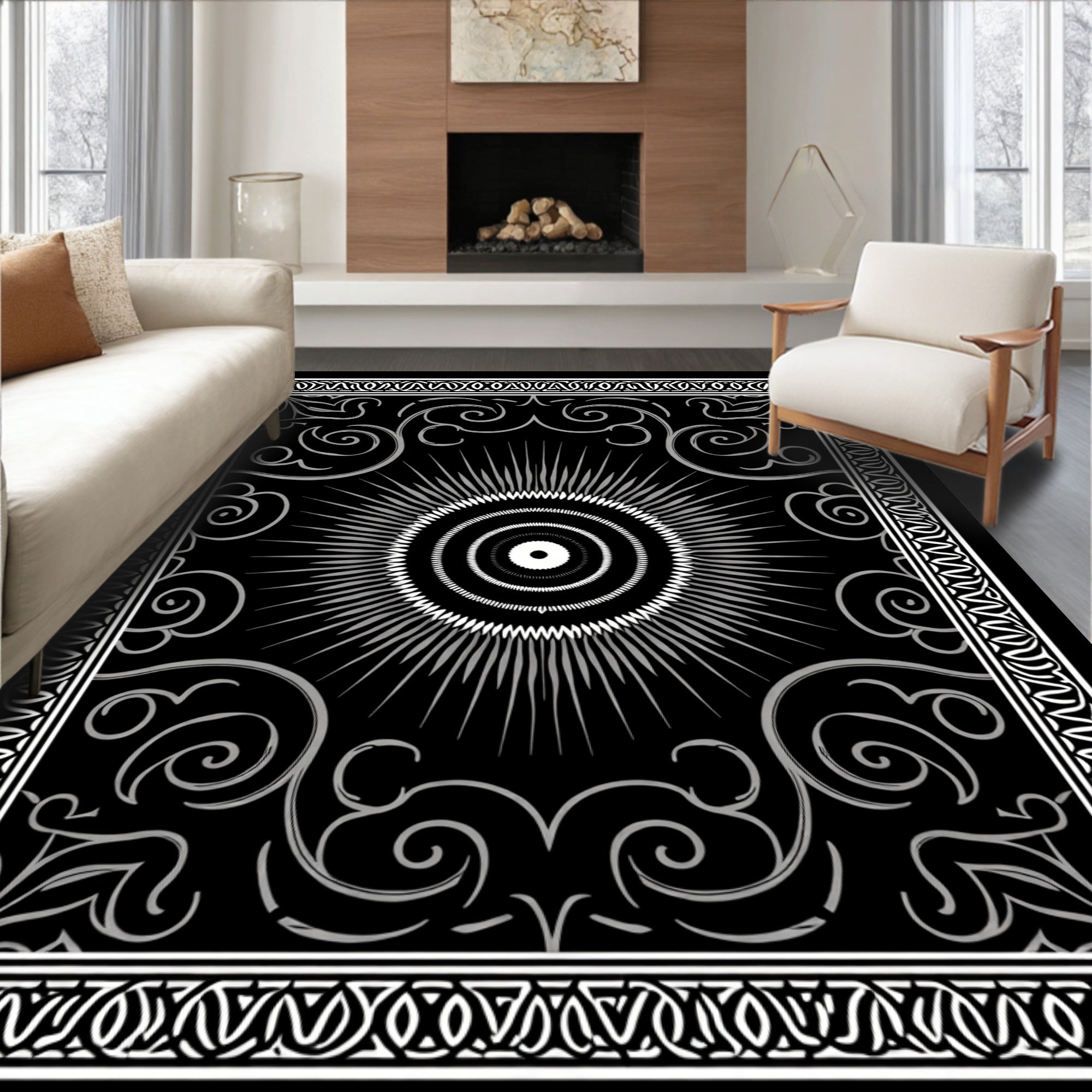 Sunburst Scrollwork Ornate Design Rug