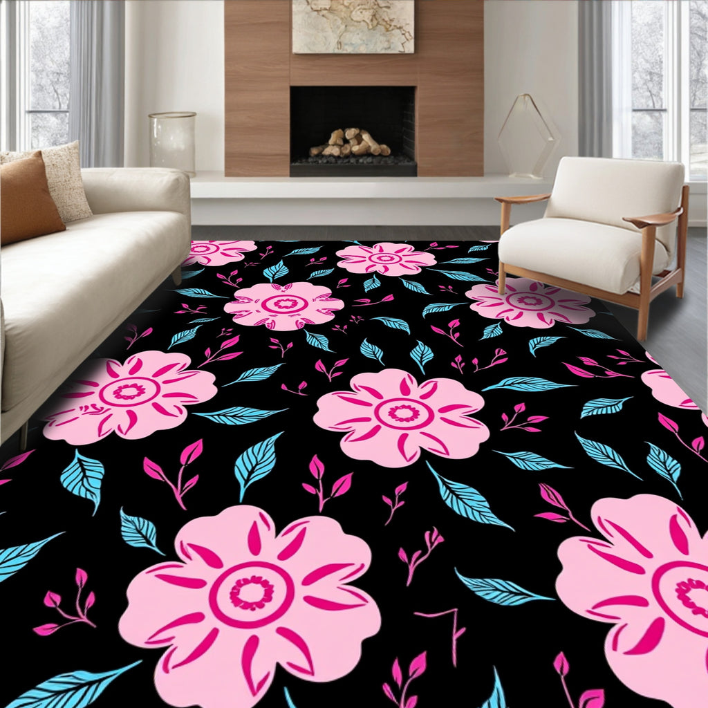 Pink Flower And Leaf Pattern Rug