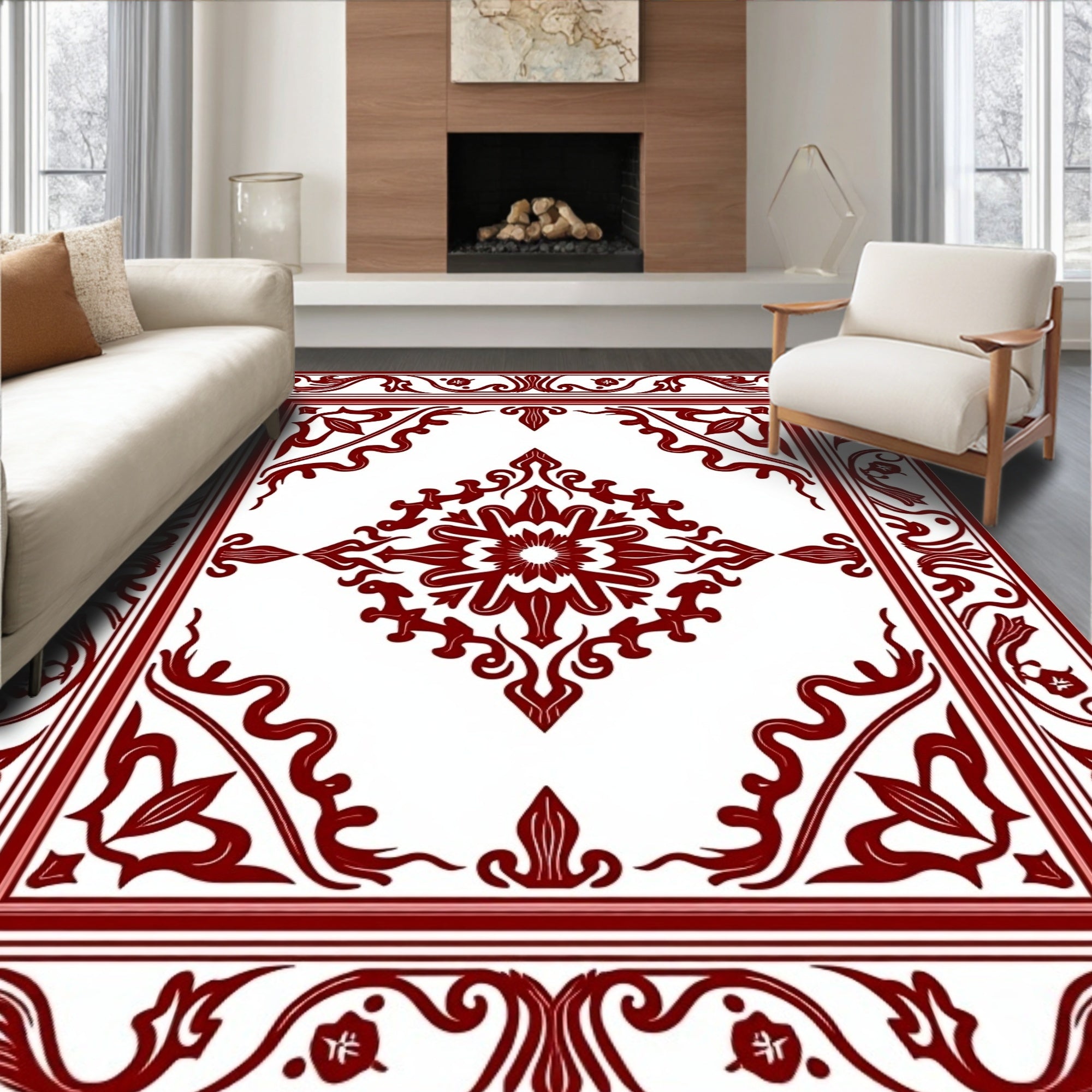 Ornate Red Floral Medallion Pattern Rug