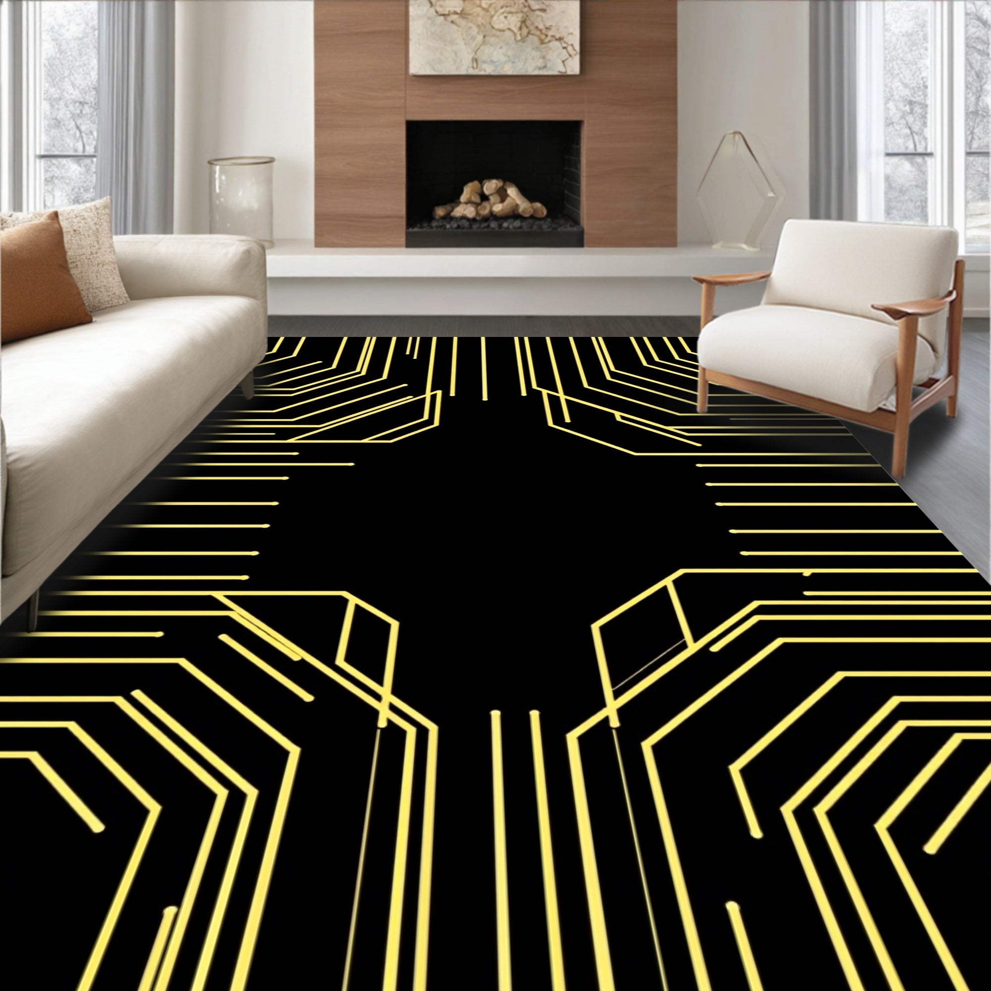 Abstract Yellow Circuit Pattern Rug