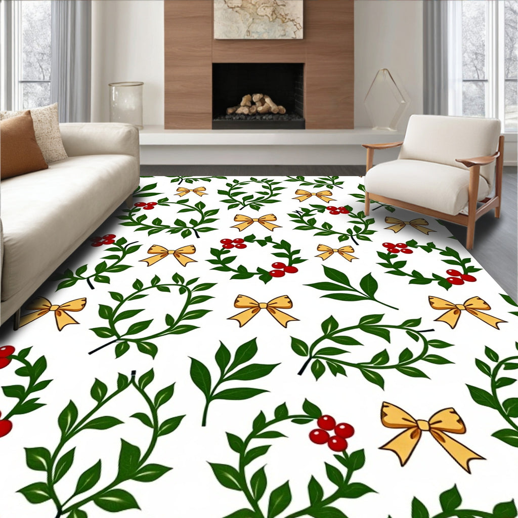 Green Holly Berry Gold Bows Rug