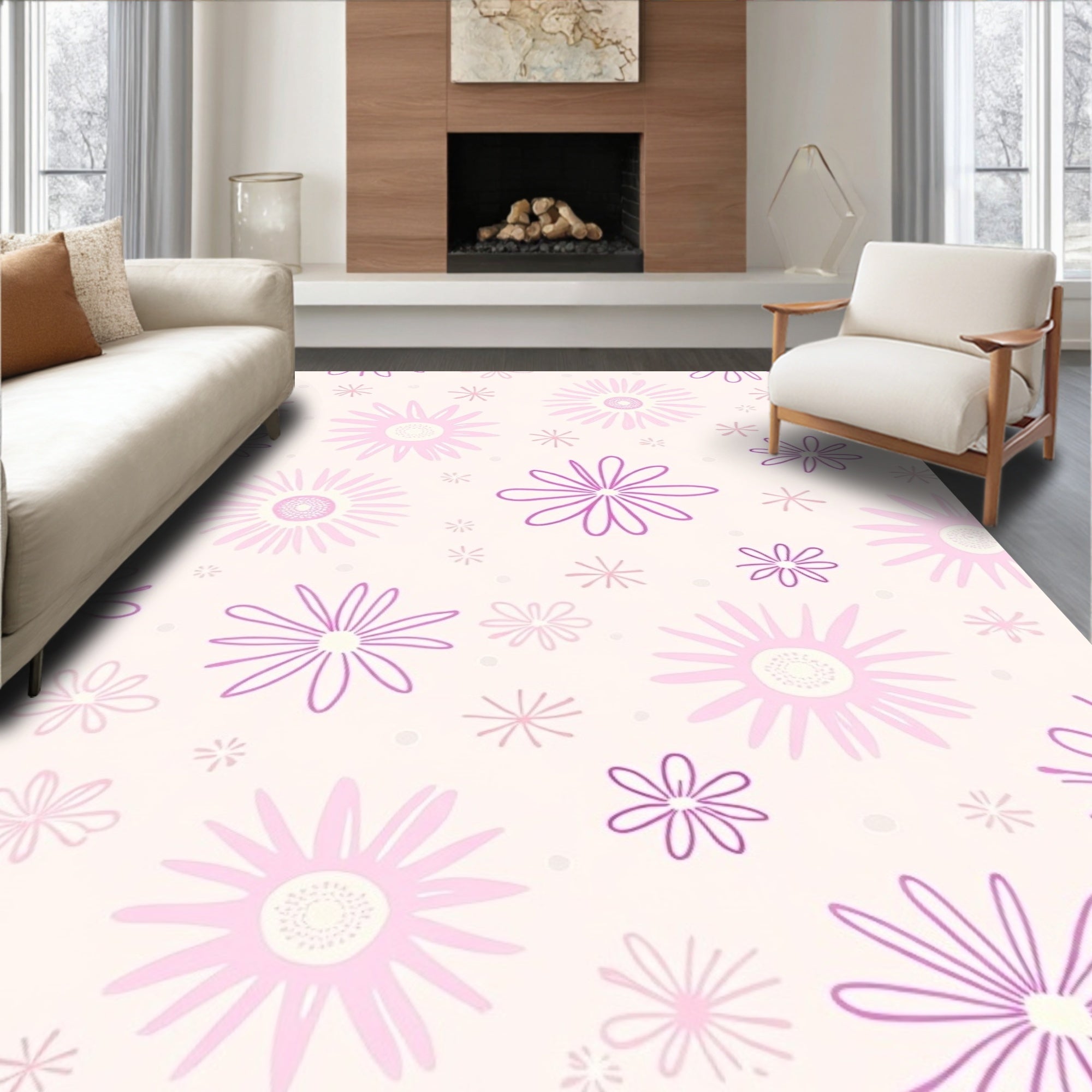 Whimsical Pink Flower Pattern Design Rug