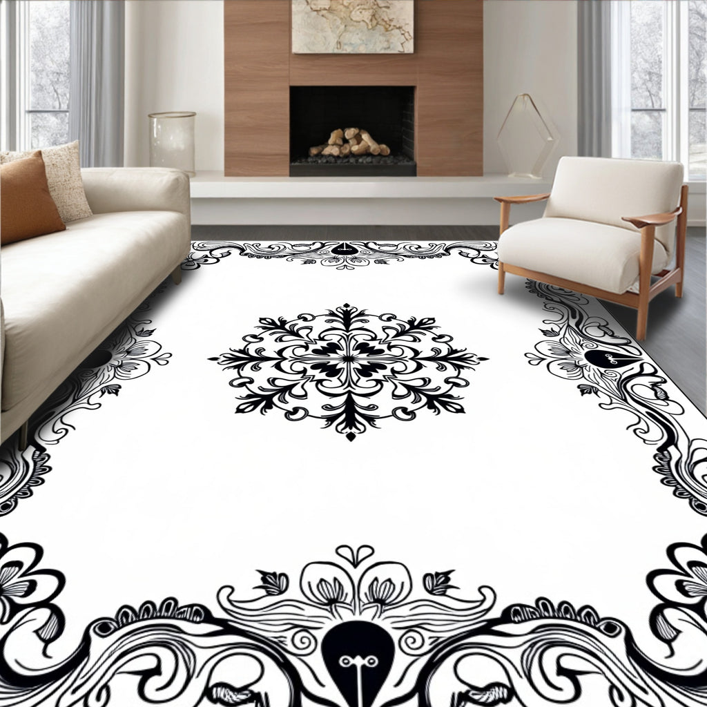 Ornate Black Floral Scrollwork Design Rug