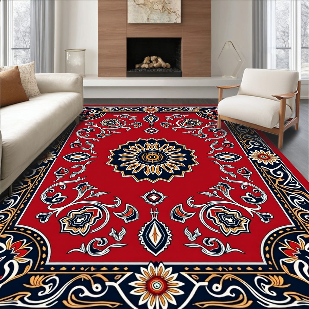 Ornate Red Floral Scrollwork Rug