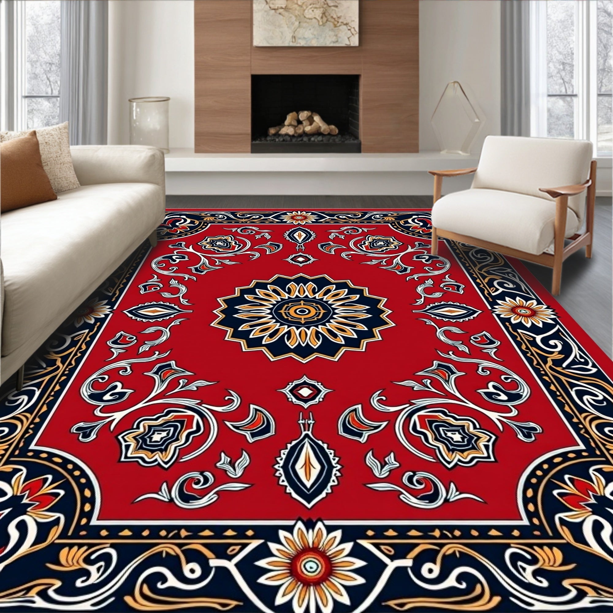 Ornate Red Floral Scrollwork Rug
