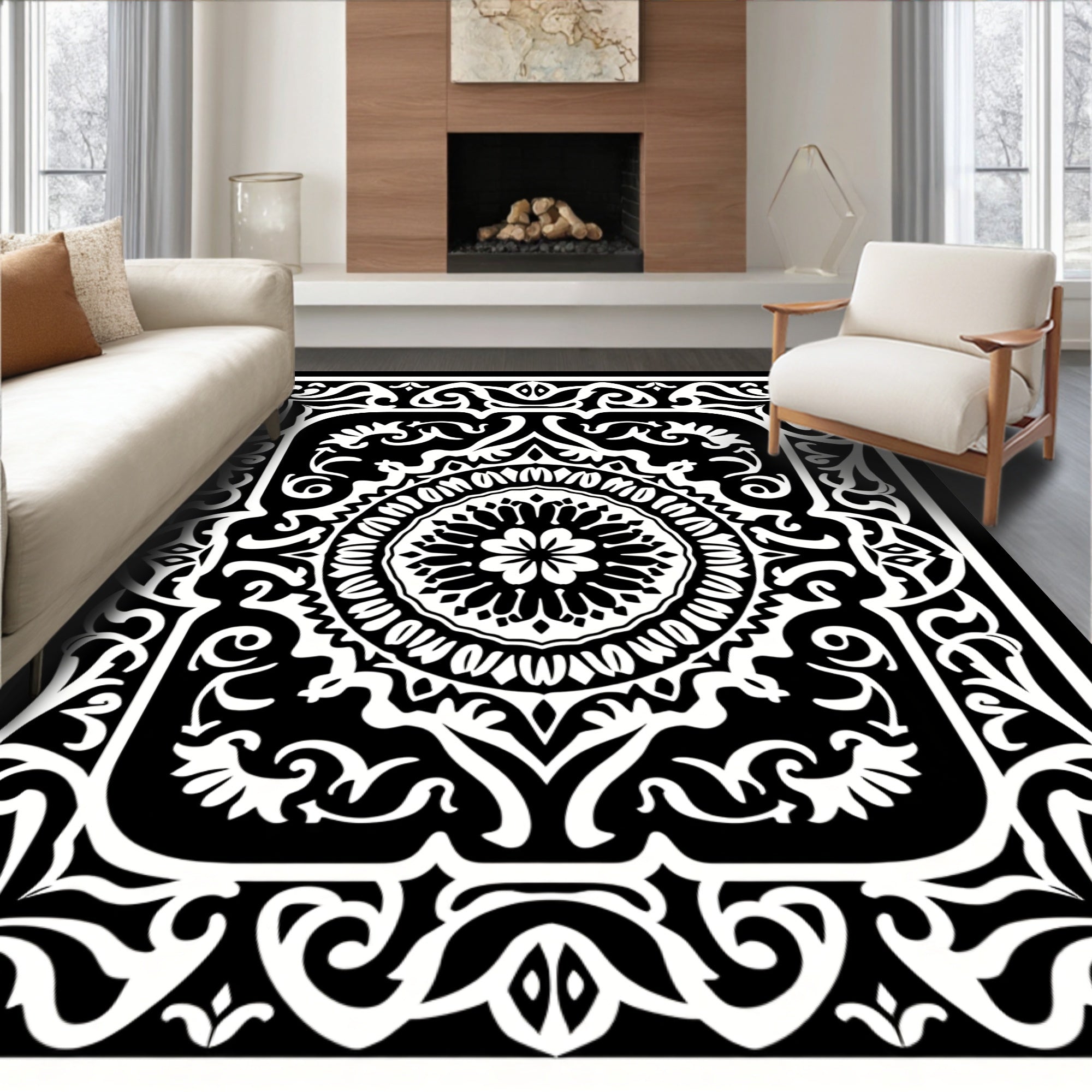 Monochromatic Floral Mandala Pattern Rug