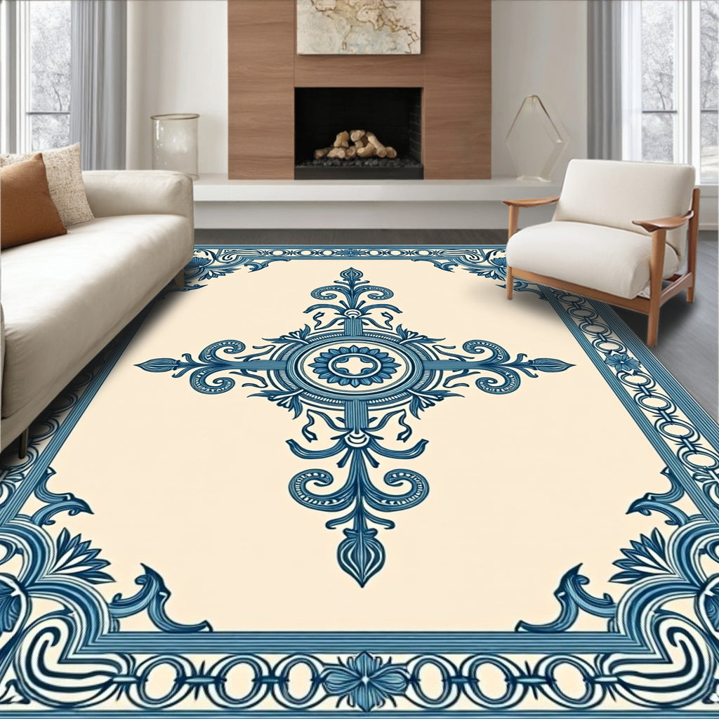 Classic Blue Floral Medallion Cream Rug