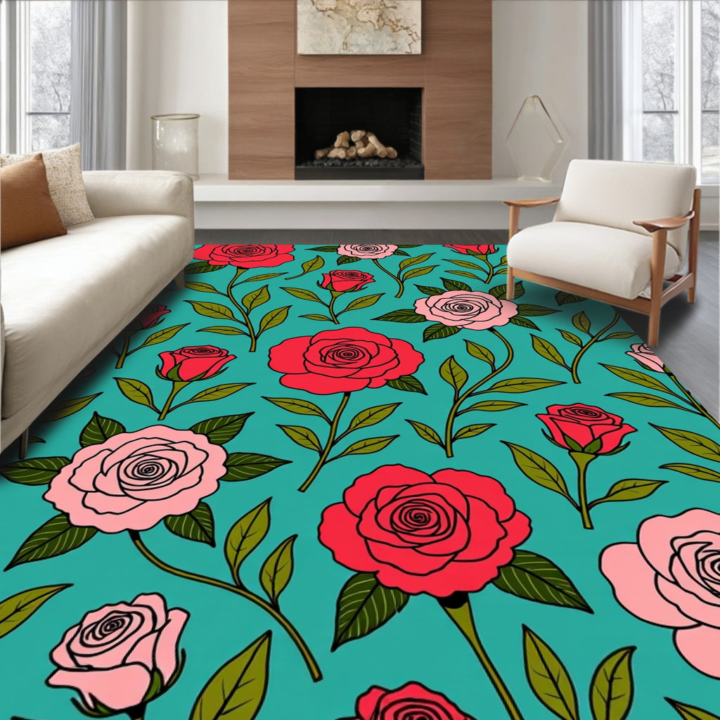 Artistic Red Pink Rose Floral Pattern Rug