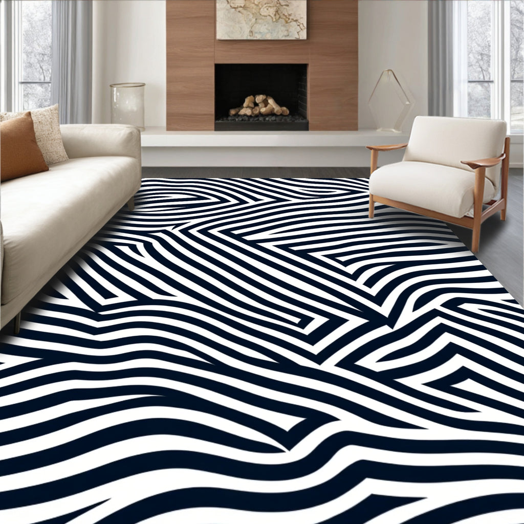 Contour Black White Striped Design Rug