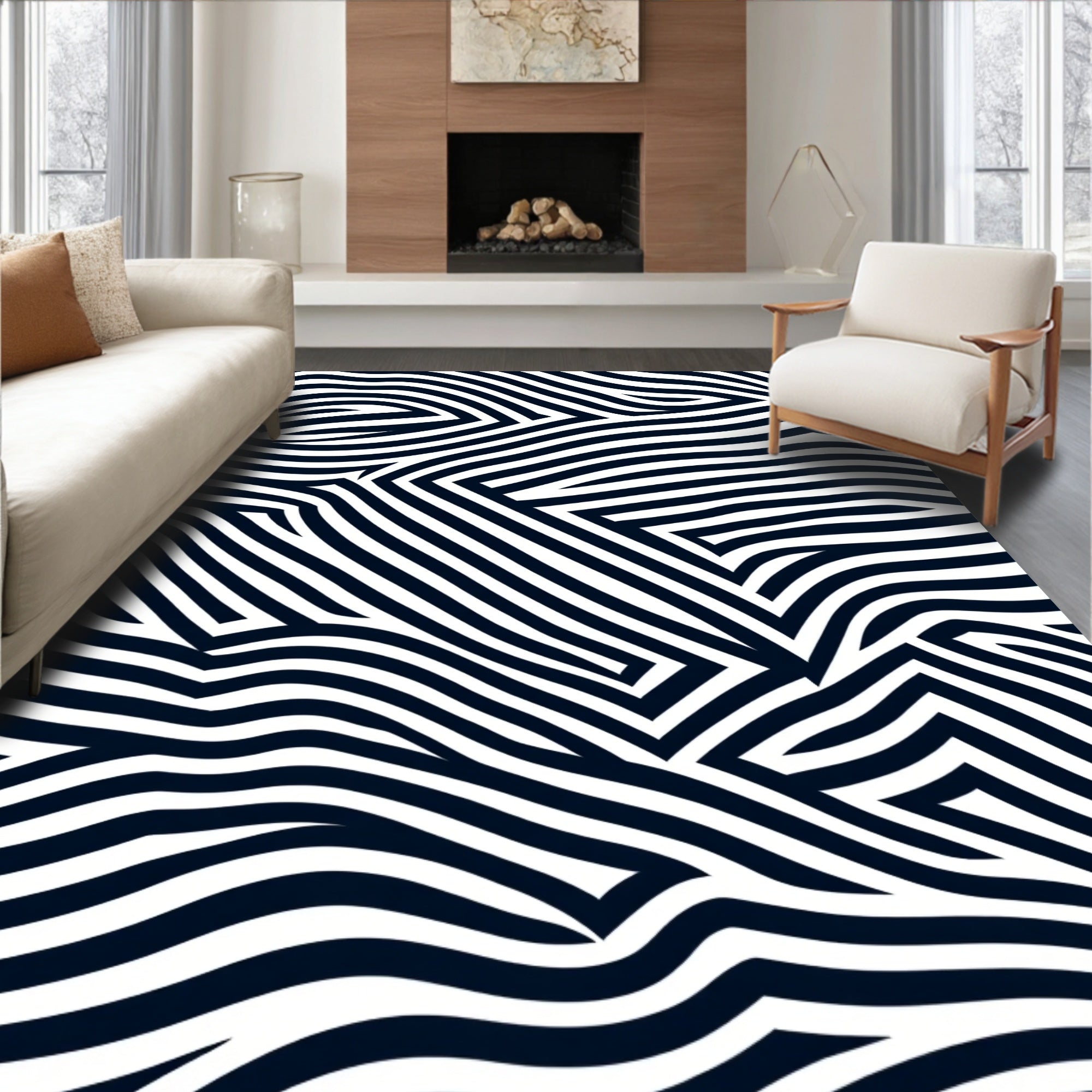 Contour Black White Striped Design Rug