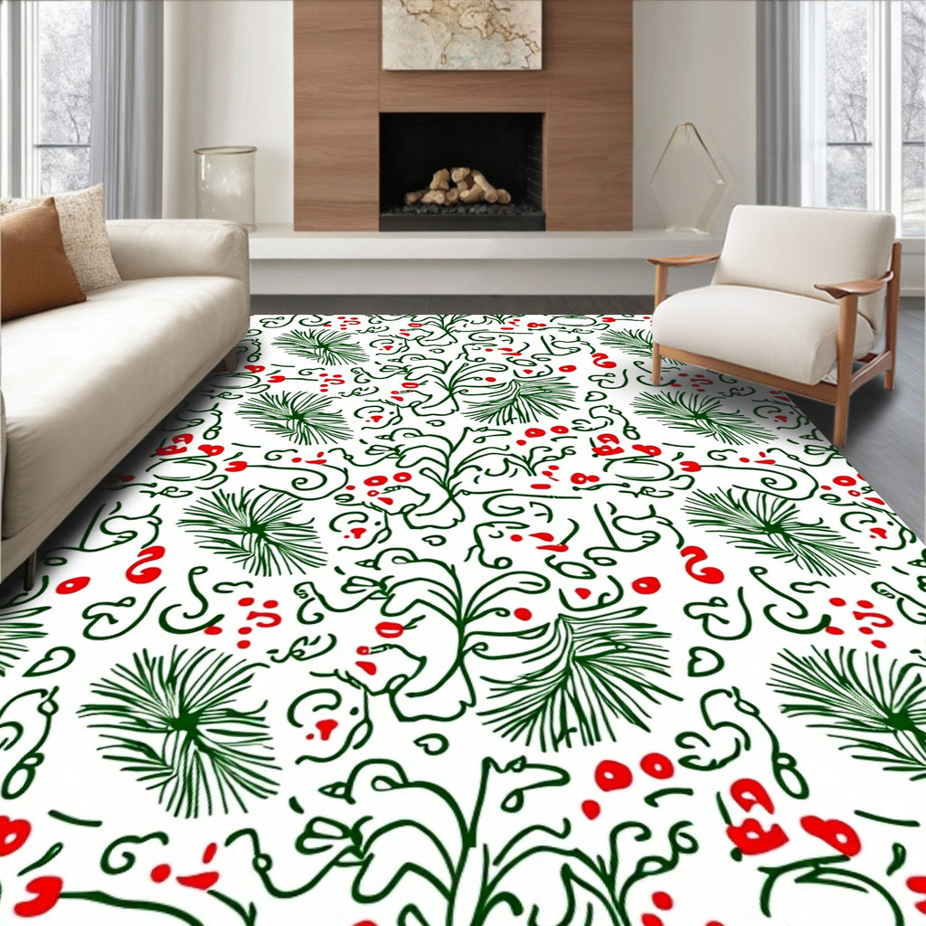 Green Red Botanical Line Art Rug