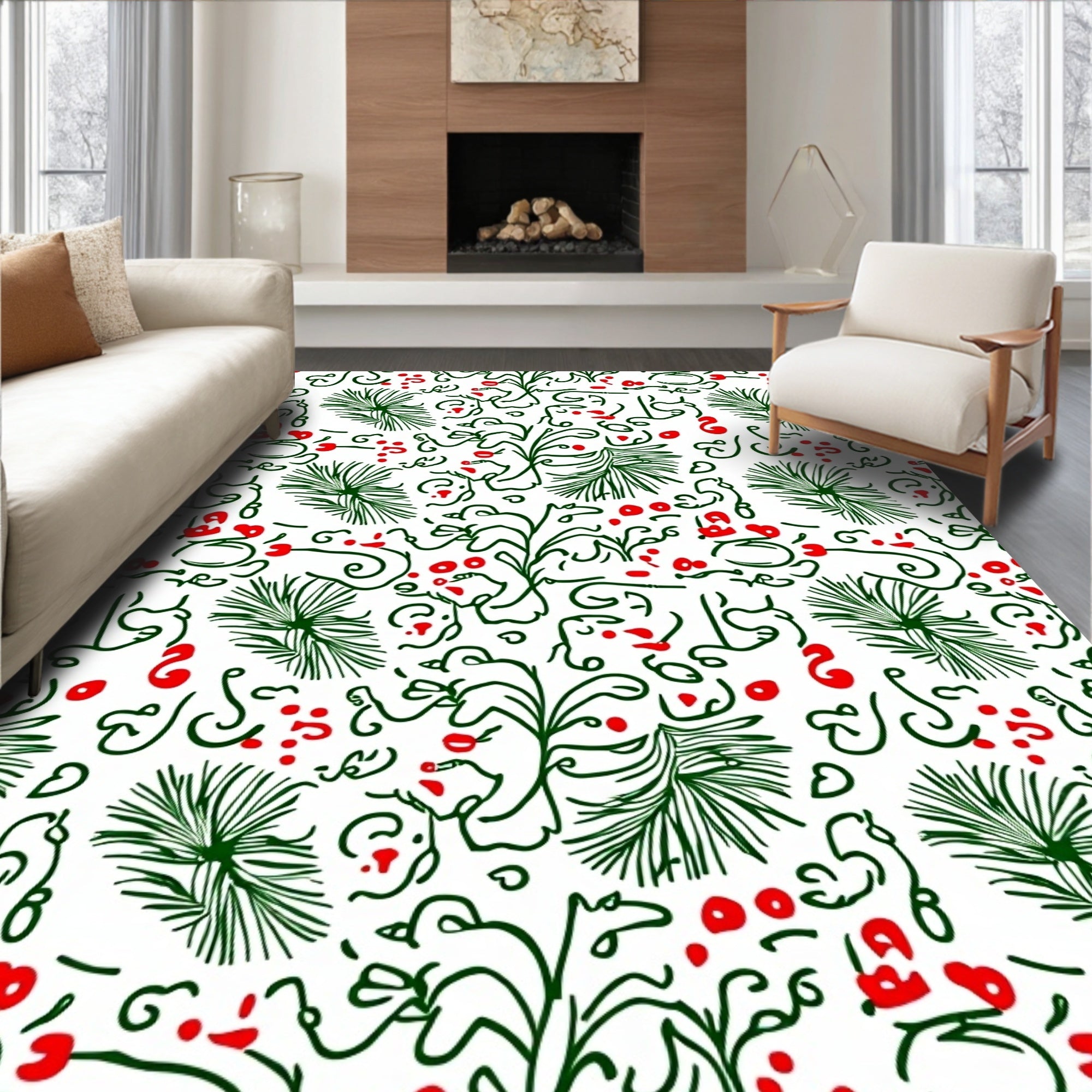Green Red Botanical Line Art Rug