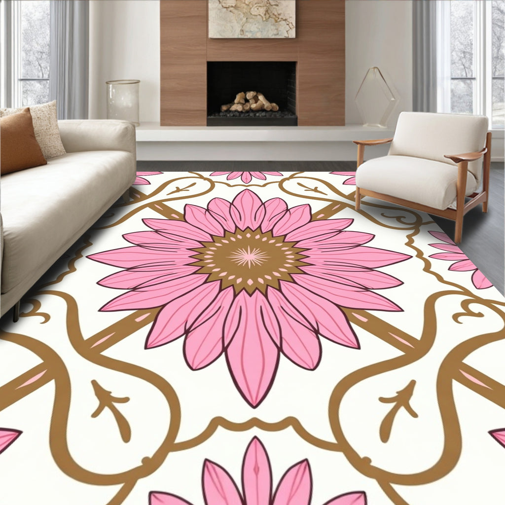 Ornate Floral Pattern Pink Golden Rug