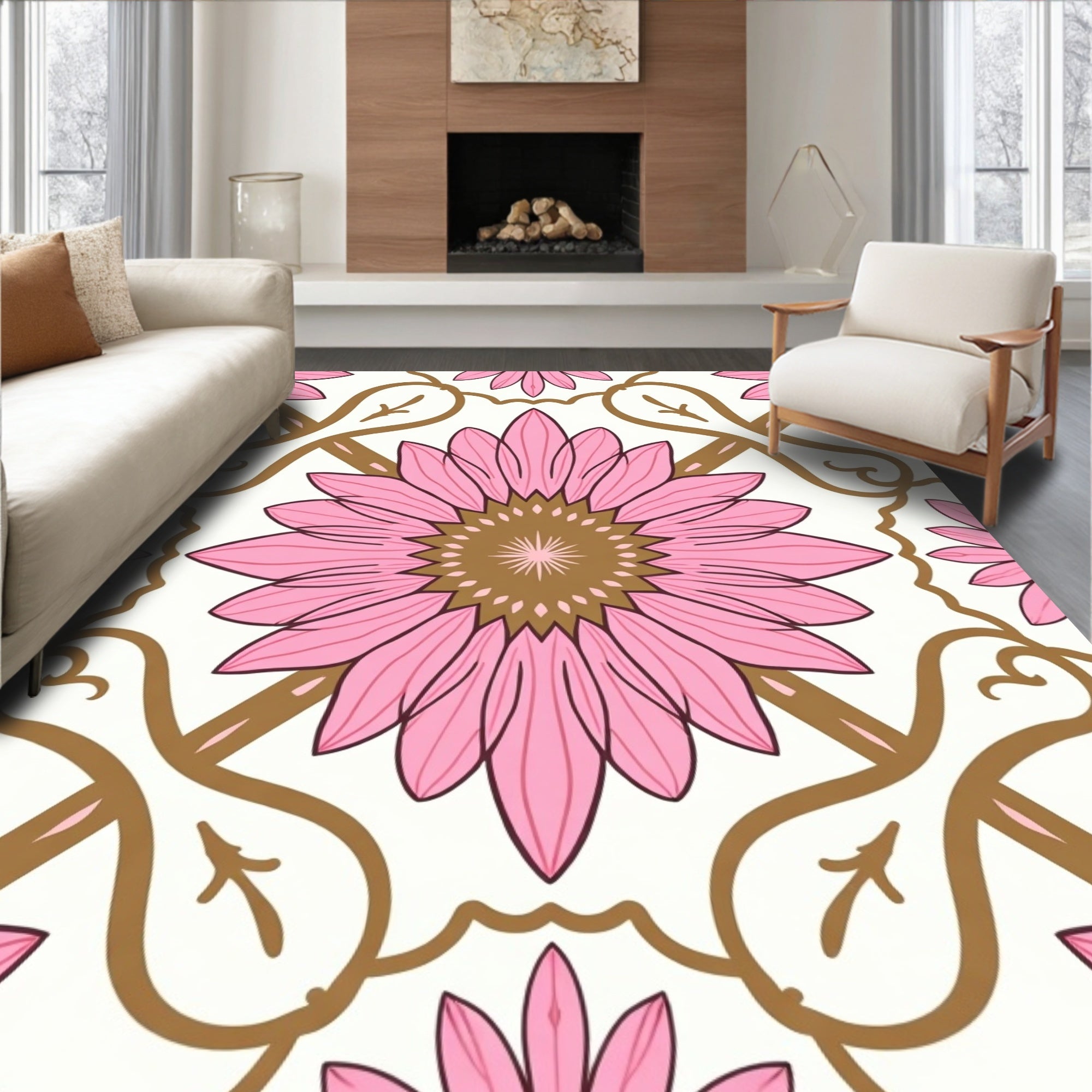 Ornate Floral Pattern Pink Golden Rug