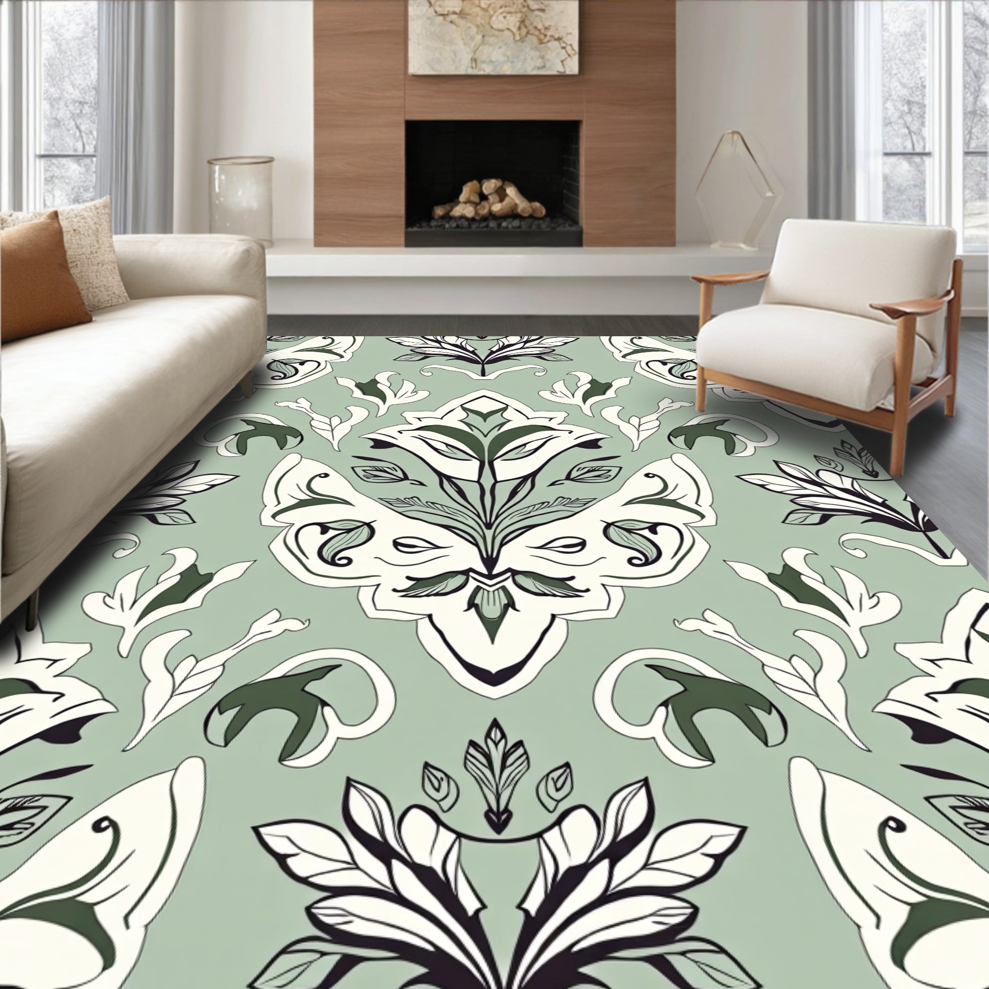 Pale Green Floral Damask Pattern Rug