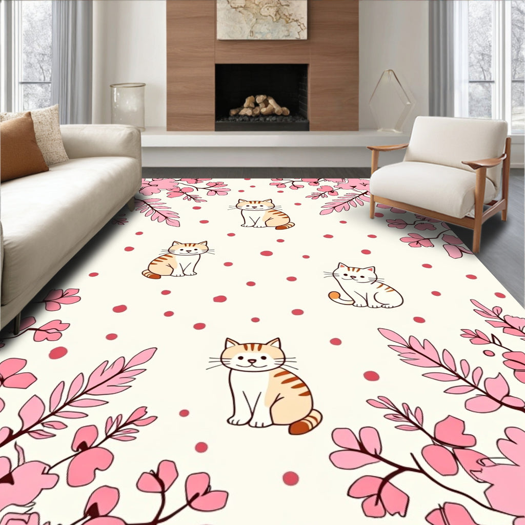 Whimsical Pink Floral Cat Pattern Rug