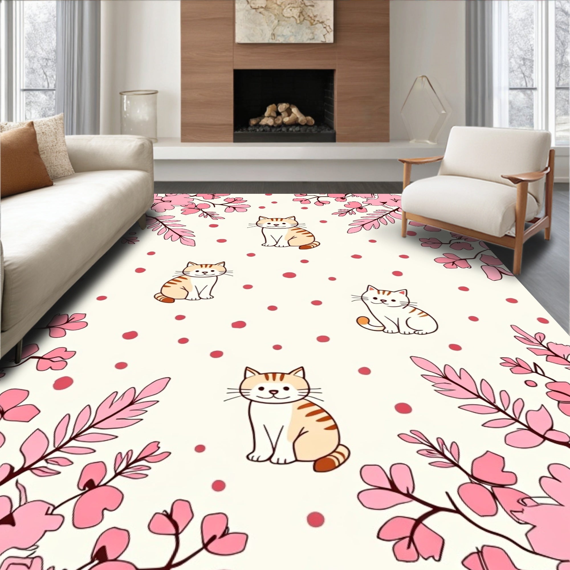 Whimsical Pink Floral Cat Pattern Rug