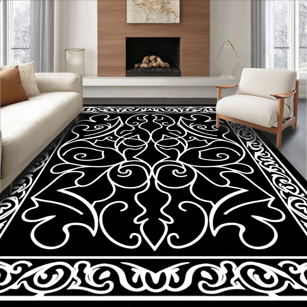 Black White Traditional Floral Pattern Rug