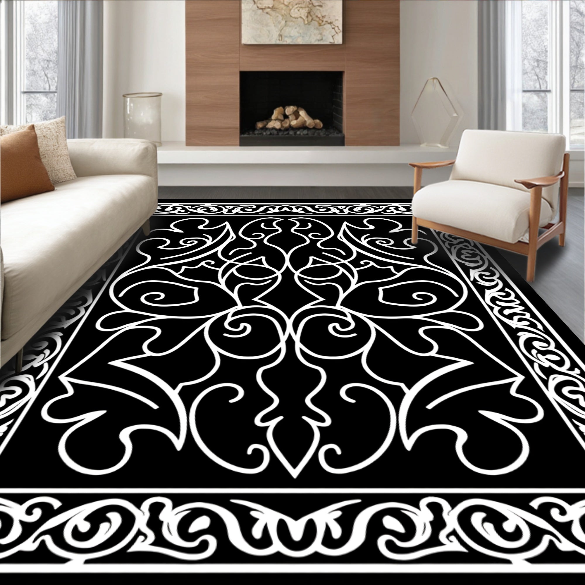 Black White Traditional Floral Pattern Rug
