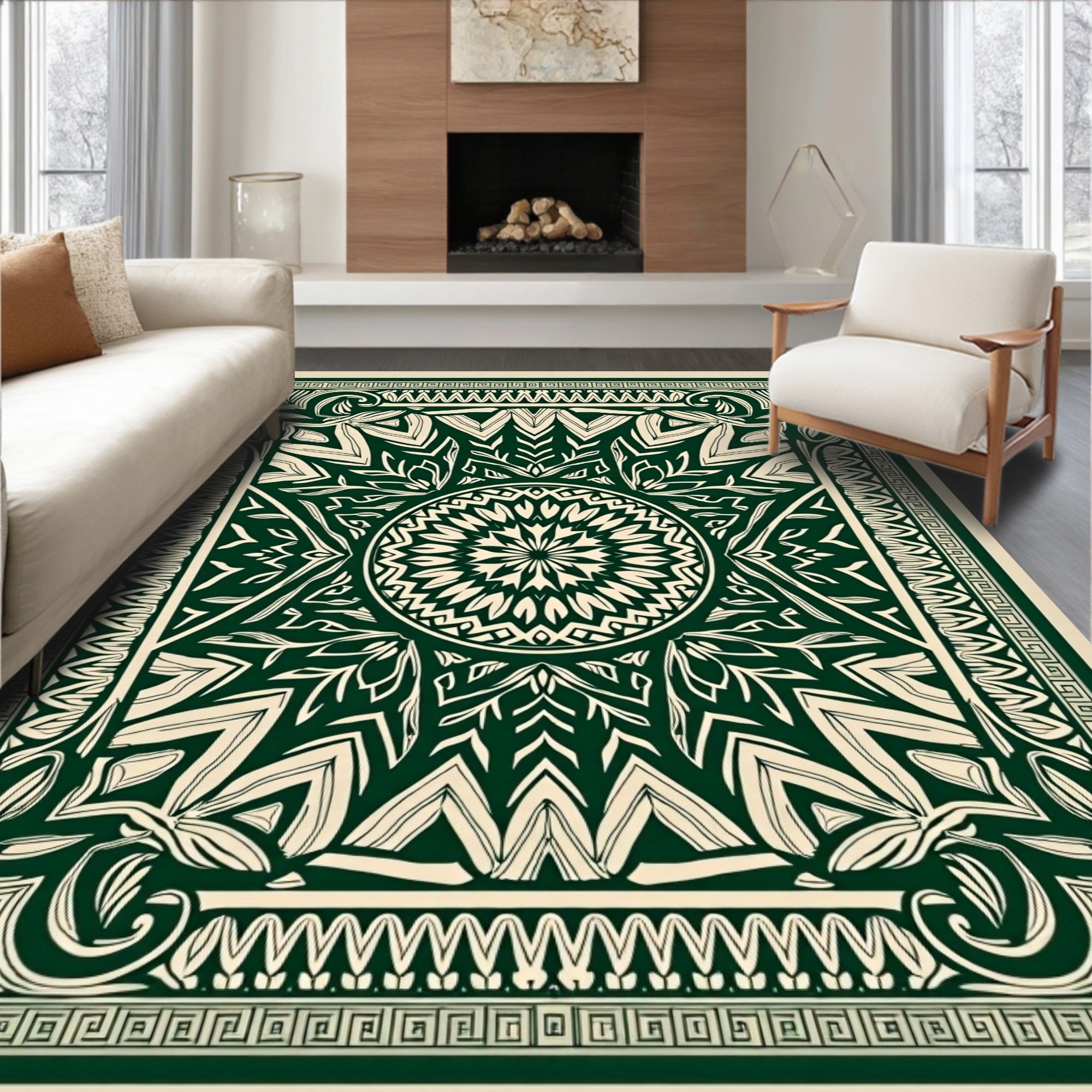 Deep Green Intricate Mandala And Floral Rug