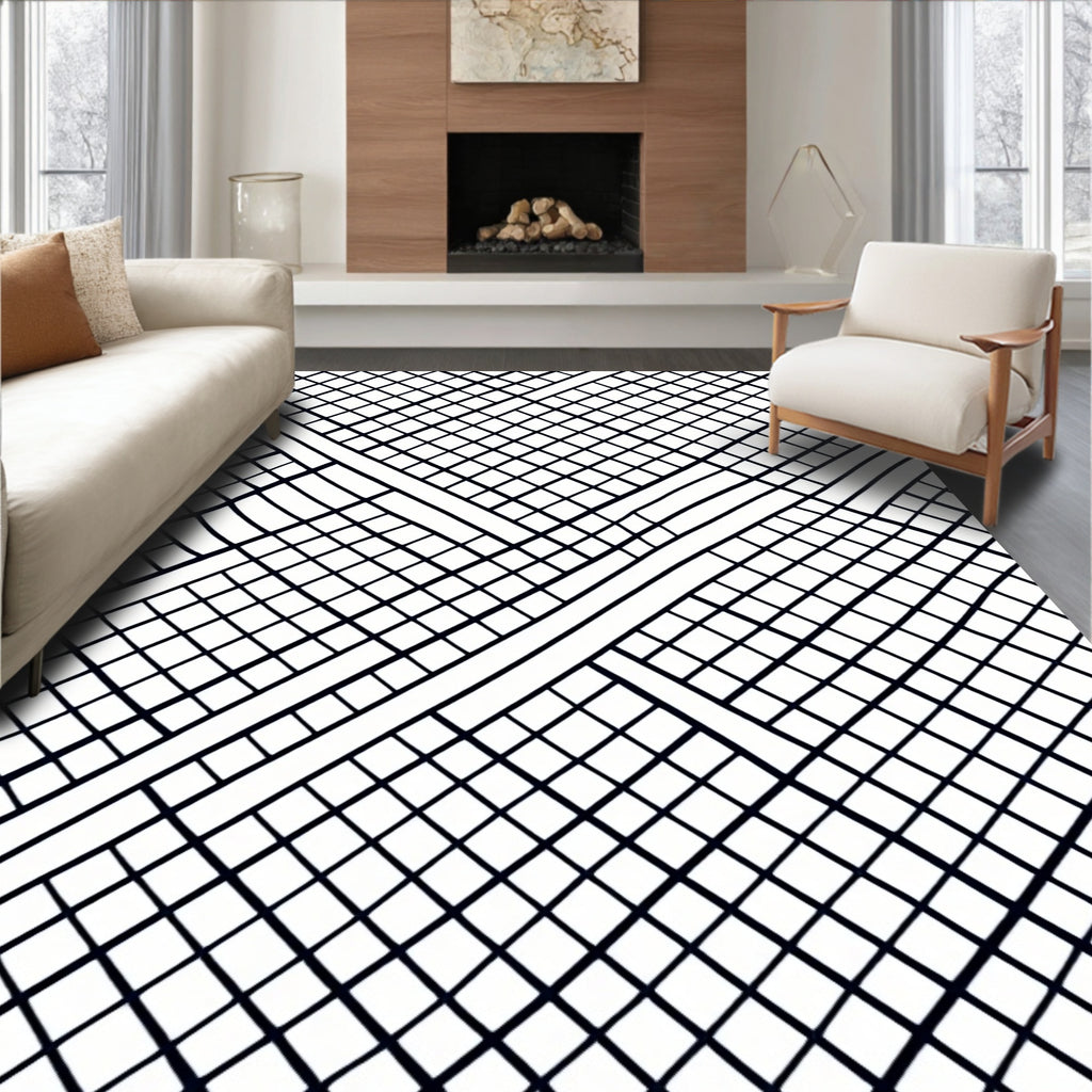 Black White Gridded Overlap Rug