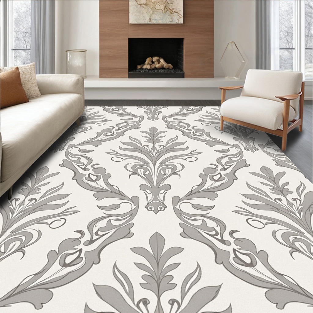 Elegant Gray Floral Damask Pattern Rug